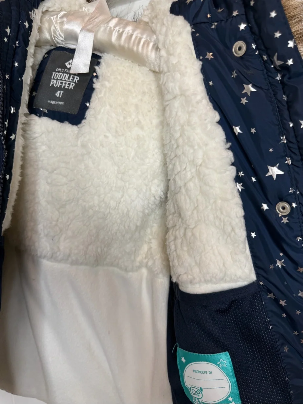 Girls' Navy Star-Print Hooded Puffer Coat with Faux-Fur Trim